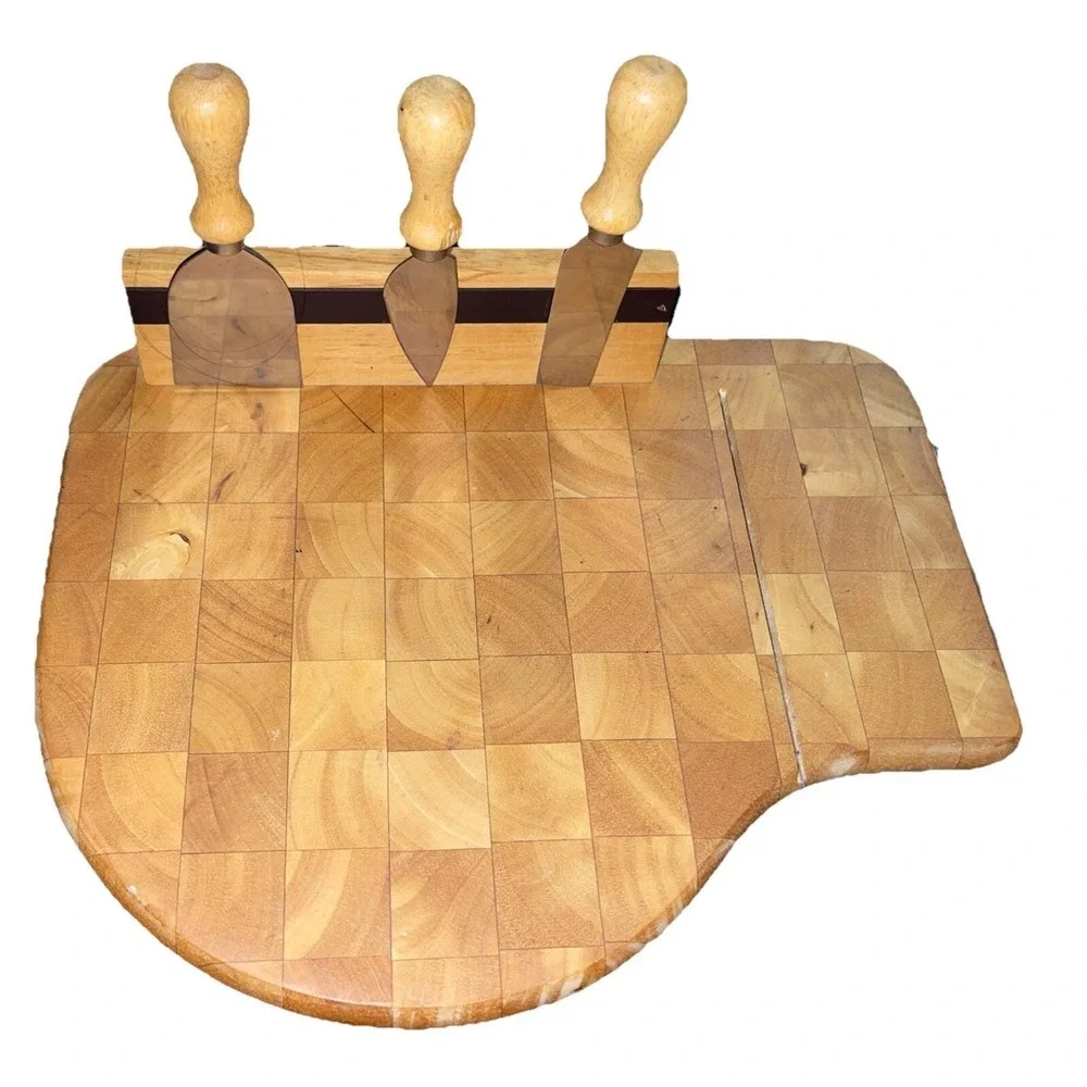 Vintage MCM Prodyne Magnetic Wood Cheese Board - Wire Cutter & 3 Knife Set
